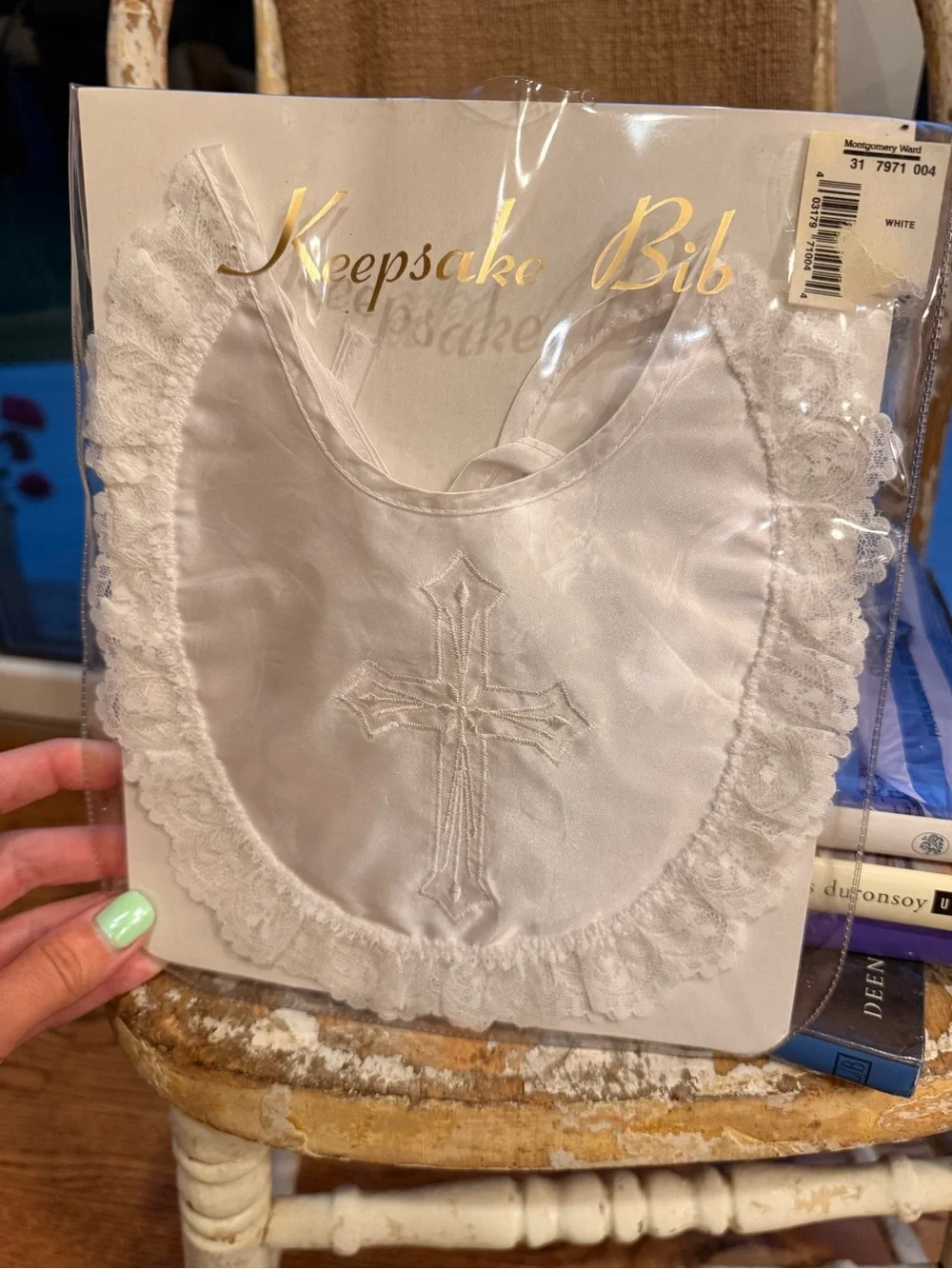 White Christening Bib with Cross Embroidery-Keepsake
